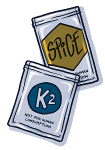 Illustration of two packets: one has "Spice" marked on the front and the other has "K2"