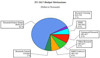 FY 2017 Budget Mechanisms (Dollars in Thousands): Research Project Grants $648,107/62%, Research Centers $59,662/5%,Research Training $24,704/2%, RMS $63,862/6%, Intramural Research $91,657/9%, Other Research $81,057/8%, R&amp;D Contracts $81,501/8%   