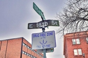 Street signs at a drug-free zoon in the Stevens Square neighborhood of Minneapolis, Minnesota